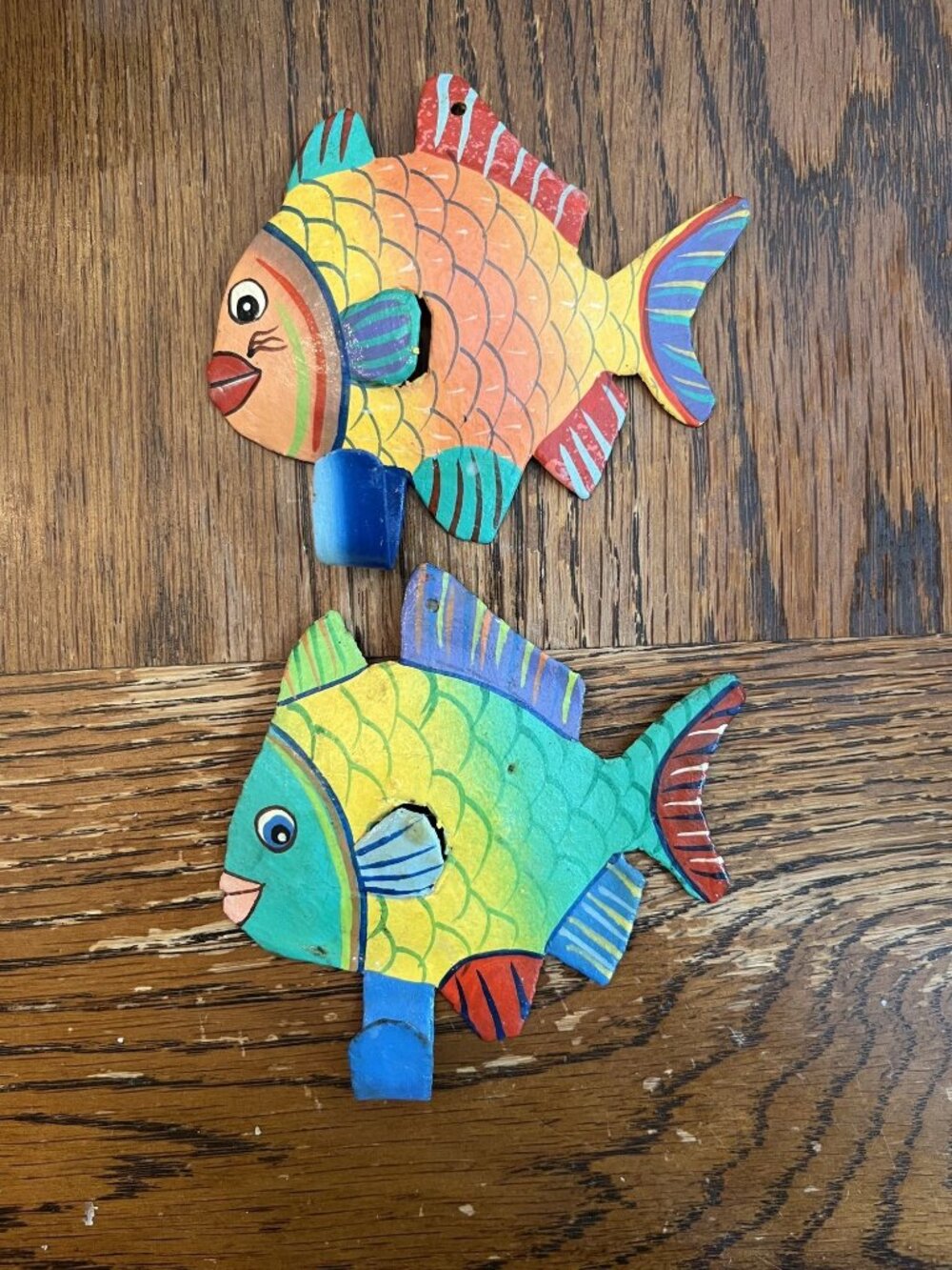 Vintage Folk Art Colorful Hand-Painted Metal Tropical Fish Wall Hooks Whimsical